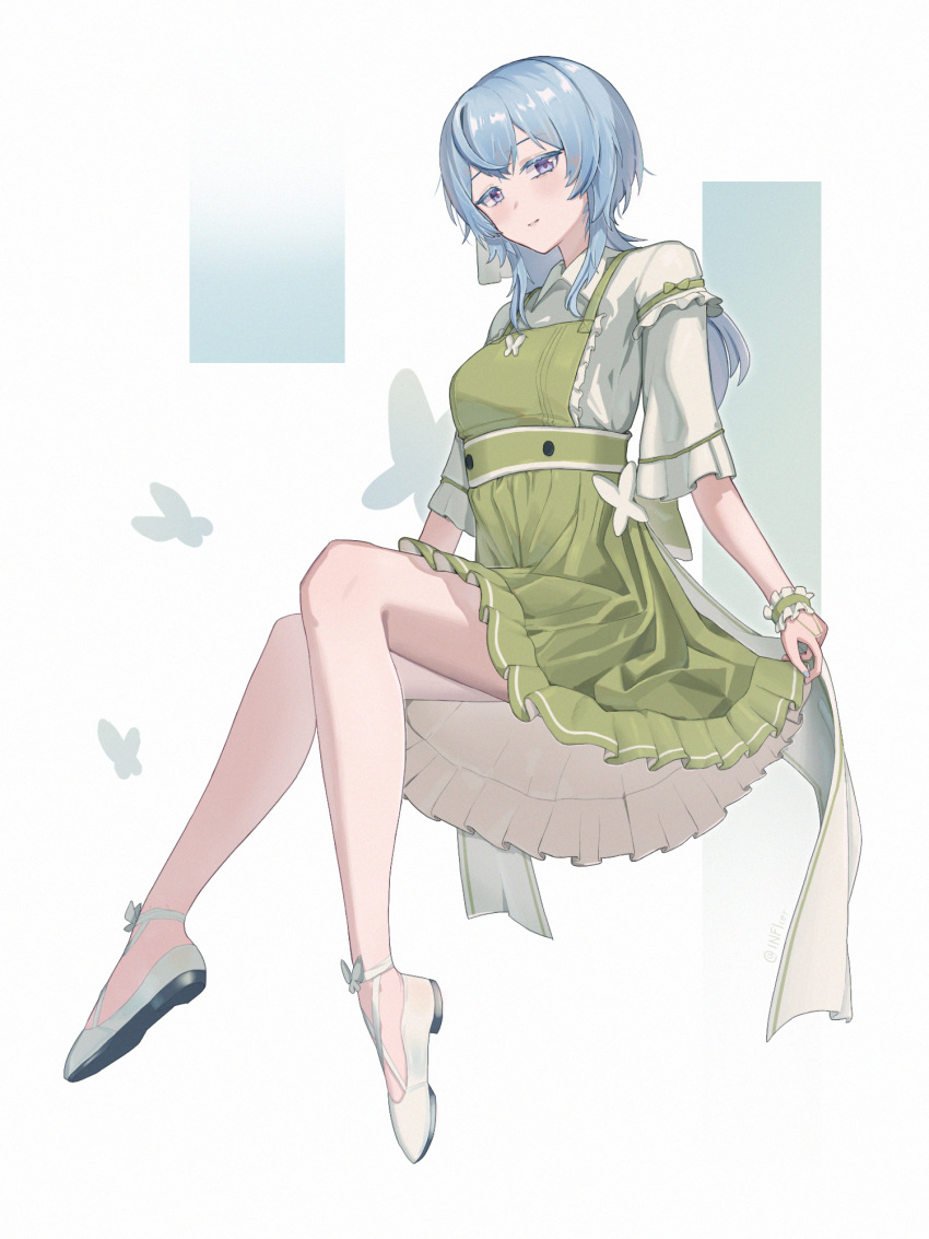 1girl, alternate_costume, blue_hair, blush, breasts, collared_shirt, colored_eyelashes, commentary_request
