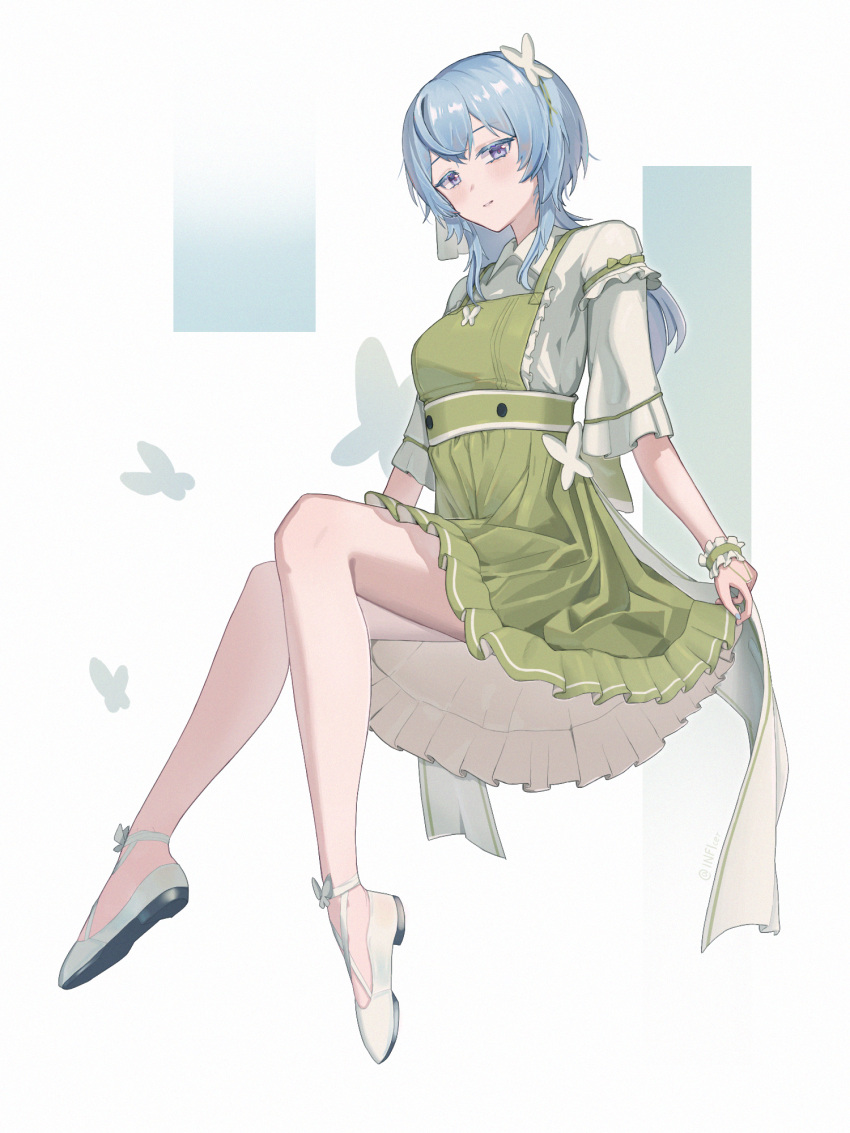 1girl, alternate_costume, blue_hair, blush, breasts, collared_shirt, colored_eyelashes, commentary_request