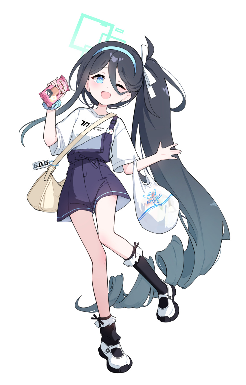 1girl, absurdres, alternate_costume, aris_(blue_archive), bag, black_hair, black_shorts, black_socks