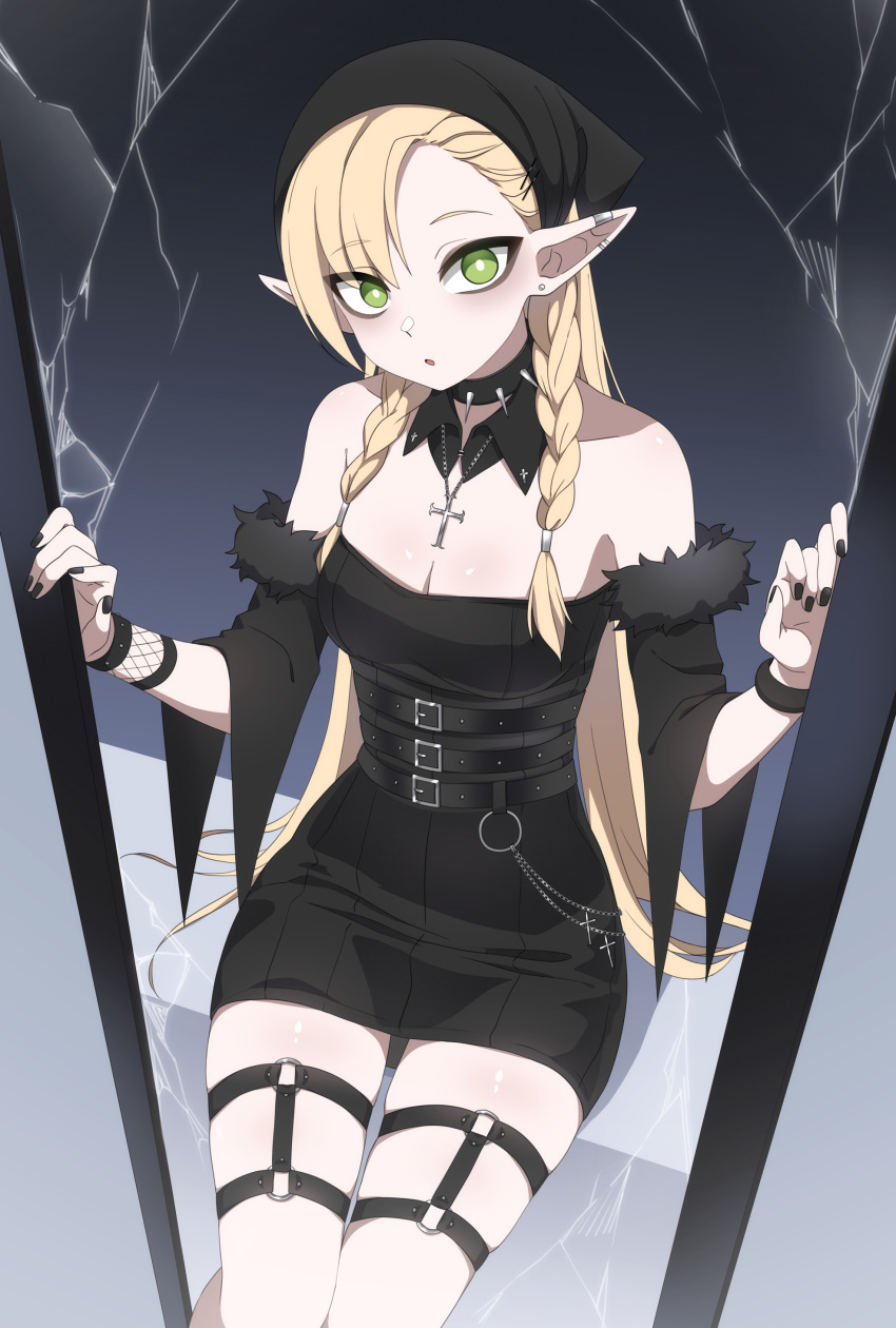 1girl, :o, absurdres, alternate_costume, alternate_hairstyle, belt_buckle, black_dress, black_eyeshadow, black_nails, braid, broken_glass, buckle, chain, chain_necklace, choker, collar, cross, dress, dungeon_meshi, ear_piercing, elf, eyeshadow, fishnets, garter_straps, glass, goth_fashion, green_eyes, headscarf, highres, jewelry, leather_dress, looking_at_viewer, makeup, marcille_donato, miniskirt, nail_polish, necklace, nekoromancer, piercing, pointy_ears, sitting, skirt, spiked_choker, spiked_collar, spikes, twin_braids