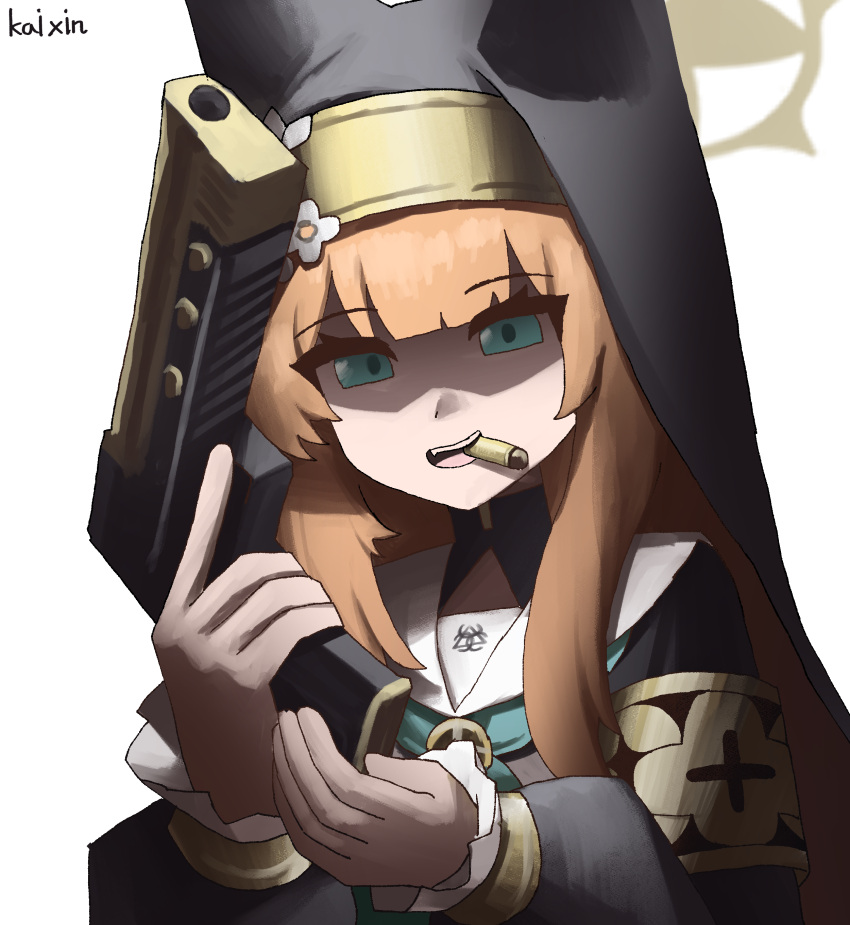 1girl, absurdres, animal_ears, armlet, blue_archive, blue_eyes, bullet, bullet_biting, cat_ears, cat_girl, coif, commentary, desert_eagle, english_commentary, gun, hair_between_eyes, halo, handgun, highres, holding, holding_gun, holding_weapon, jewelry, kai_xin, long_hair, looking_at_viewer, mari_(blue_archive), mouth_hold, nun, orange_hair, school_uniform, serafuku, sidelocks, simple_background, solo, trinity_general_school_logo, upper_body, weapon, white_background