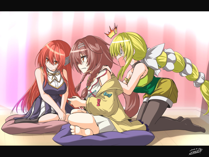 3girls, bare_shoulders, barefoot, black_pantyhose, bow, breasts, choker, closed_mouth