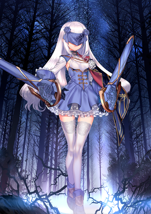 1girl, arm_at_side, black_cape, black_gloves, blue_blindfold, blue_boots, blue_dress, blue_sleeve_cuffs