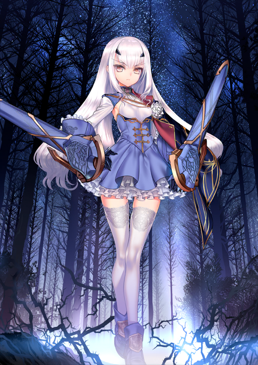 1girl, arm_at_side, black_cape, black_gloves, blue_boots, blue_dress, blue_sleeve_cuffs, boots