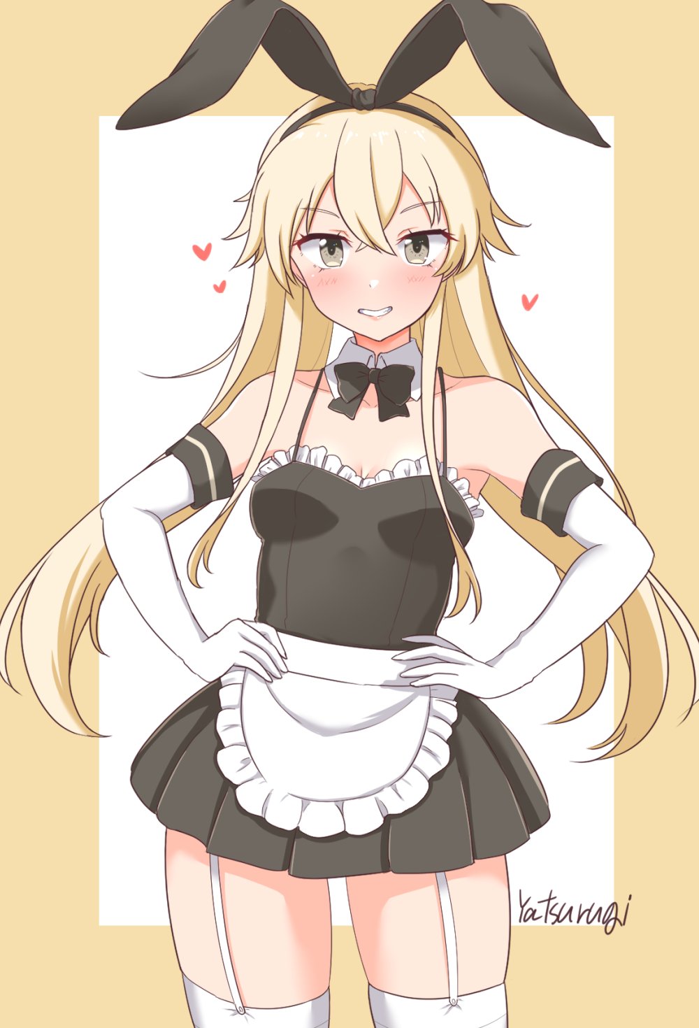 1girl, alternate_costume, artist_name, black_dress, black_hairband, blonde_hair, breasts, dress