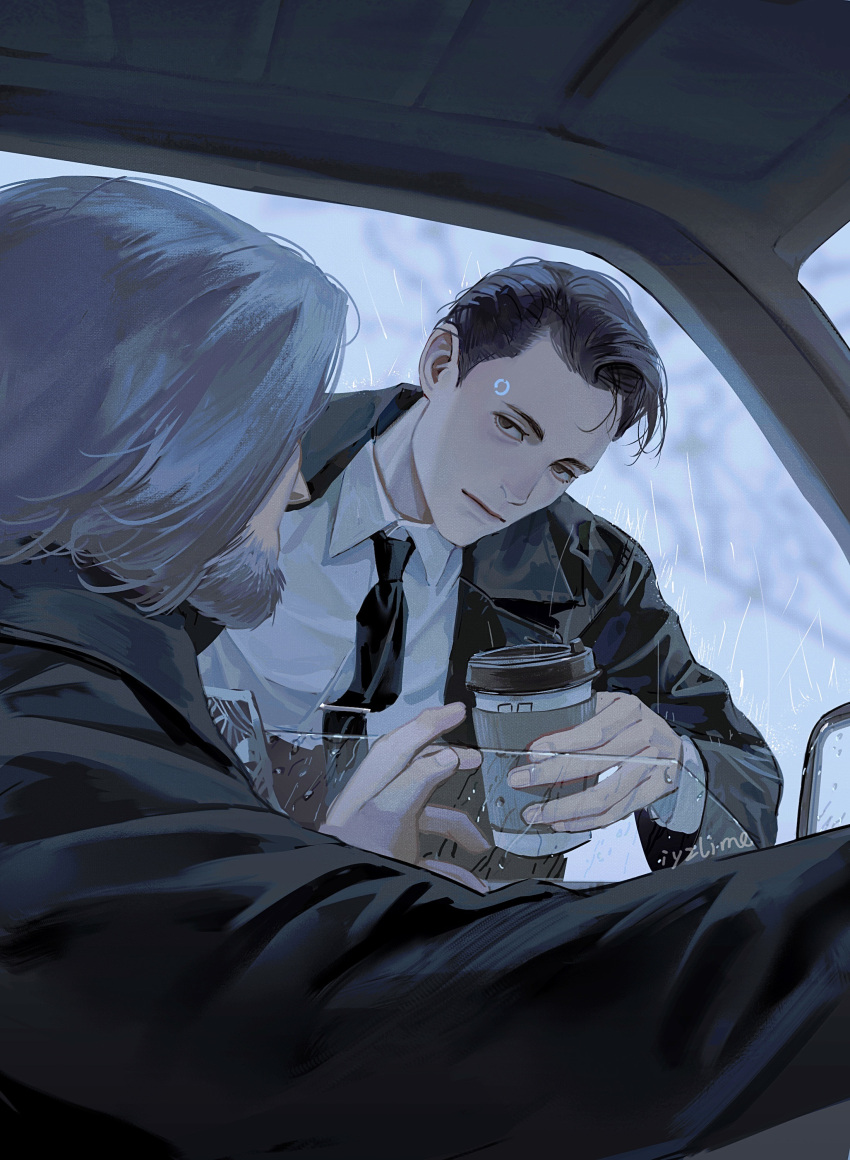 2boys, absurdres, arm_up, bare_tree, beard, black_jacket, black_necktie, brown_eyes