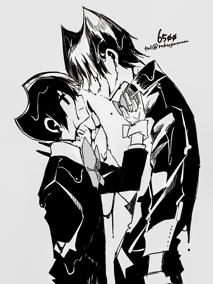 2boys, adjusting_another's_clothes, adjusting_bowtie, arm_at_side, bendy, bendy_and_the_ink_machine, bow, bowtie, c_asca, closed_mouth, collared_shirt, commentary_request, demon_boy, demon_horns, dual_persona, face-to-face, facing_another, from_side, gloves, grey_background, greyscale, hair_over_eyes, halftone, hand_on_another's_cheek, hand_on_another's_face, hand_up, head_lift, high_contrast, highres, horns, humanization, ink, long_sleeves, looking_at_another, male_focus, monochrome, multiple_boys, parted_lips, profile, shirt, short_hair, simple_background, smile, twitter_username, upper_body