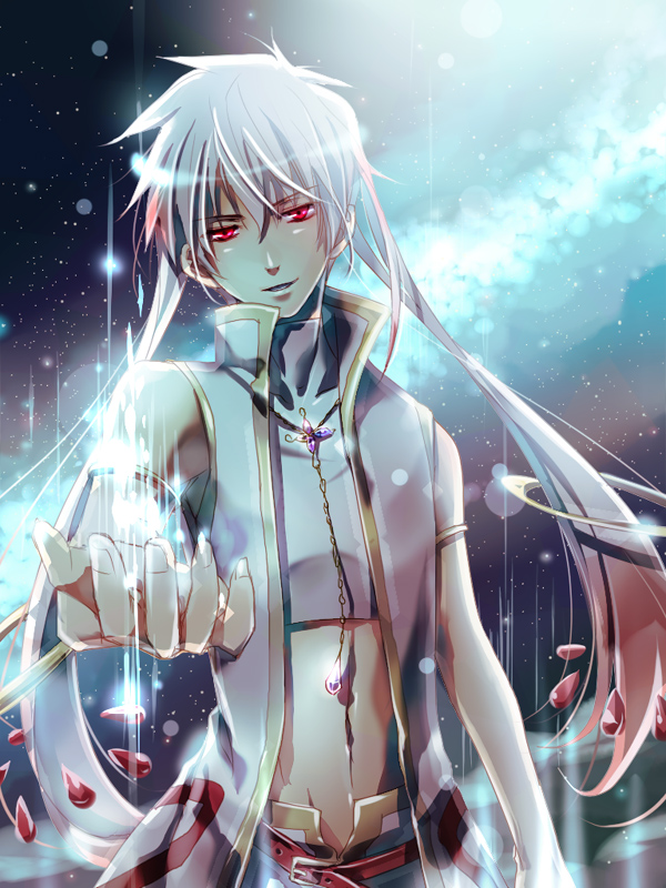 bare_shoulders, kururumy, kyubey, kyuubee, long_hair, mahou_shoujo_madoka_magica, male, muscle, necklace, personification, red_eyes, silver_hair, solo, white_hair