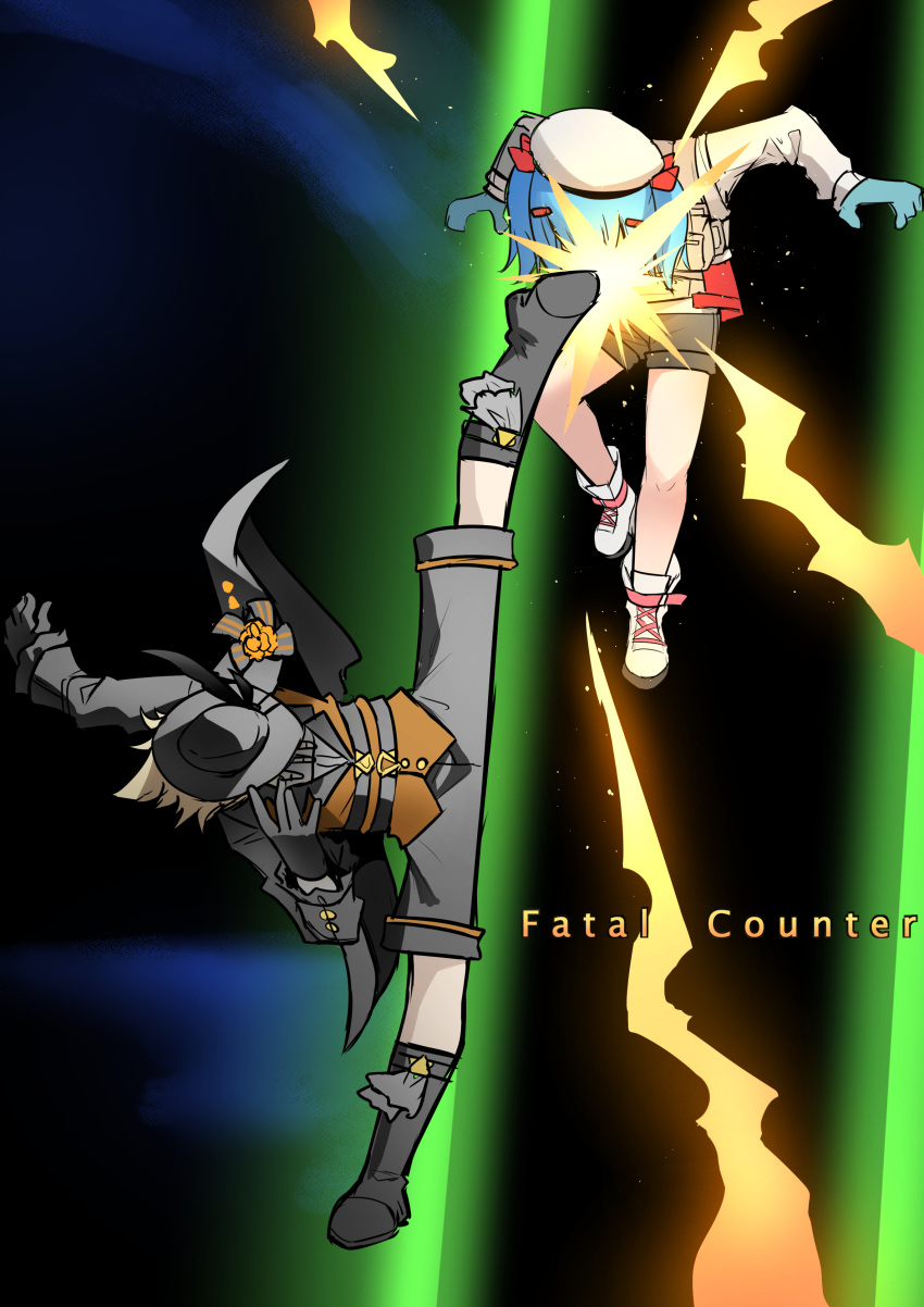 2girls, absurdres, black_boots, black_gloves, black_hat, black_jacket, black_shorts, blazblue, blonde_hair, blue_hair, boots, colphne_(girls'_frontline_2), commentary, english_commentary, full_body, girls'_frontline_2:_exilium, girls_frontline, gloves, hat, high_kick, highres, jacket, kicking, multiple_girls, non-web_source, open_clothes, open_jacket, parody, senpaihawkkun, sextans_(girls'_frontline_2), short_hair, shorts, split, standing, standing_on_one_leg, standing_split, white_boots, white_hat, white_jacket