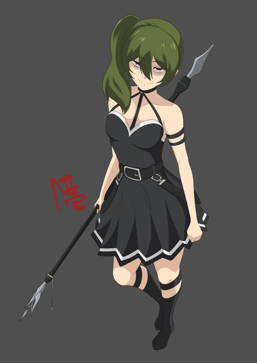1girl, absurdres, bare_shoulders, belt, black_belt, black_boots, black_dress, boots, breasts, choker, closed_mouth, collarbone, commentary_request, dress, full_body, green_hair, grey_background, hair_between_eyes, heel_up, highres, holding, holding_weapon, long_hair, looking_at_viewer, mage_staff, medium_breasts, nanziwakamika23, polearm, sanpaku, side_ponytail, sidelocks, simple_background, sleeveless, sleeveless_dress, smile, solo, sousou_no_frieren, standing, strapless, strapless_dress, thigh_strap, ubel_(sousou_no_frieren), upturned_eyes, violet_eyes, weapon