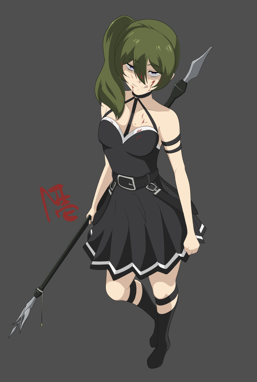1girl, absurdres, armband, arms_at_sides, bare_shoulders, belt, black_belt, black_dress