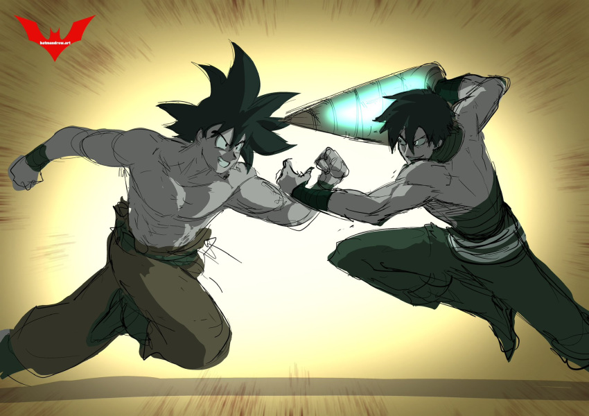 2boys, batm_andrew, battle, black_hair, core_drill, crossover, dragon_ball, drill