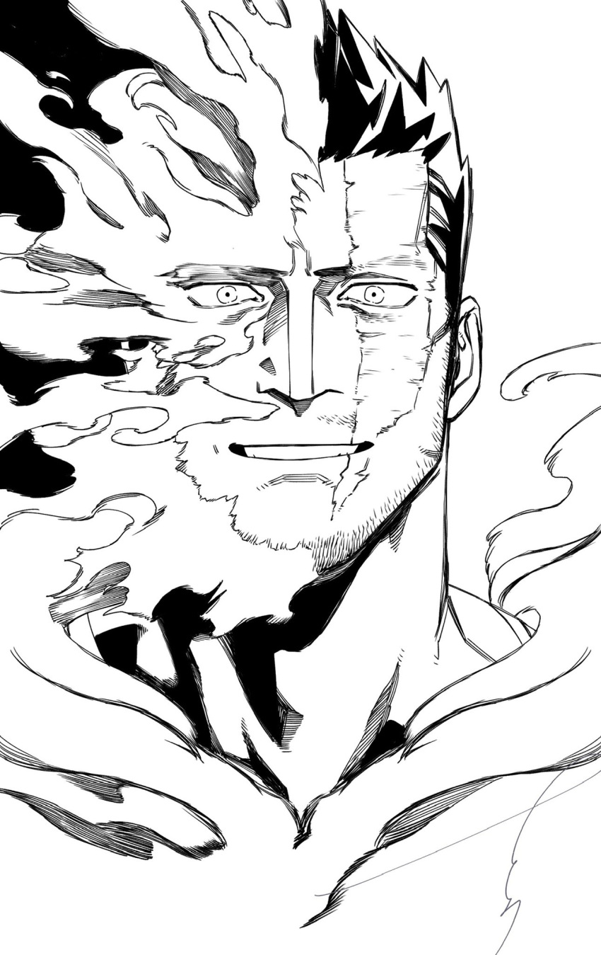 1boy, beard_stubble, before_and_after, boku_no_hero_academia, constricted_pupils, endeavor_(boku_no_hero_academia), facial_hair, fiery_hair, fire, greyscale, highres, light_smile, looking_at_viewer, male_focus, mature_male, monochrome, mustache_stubble, portrait, pyrokinesis, relaxing, sanpaku, sashimi_oran, scar, scar_across_eye, scar_on_face, short_hair, solo, spiky_hair, straight-on, stubble, tsurime, upper_body
