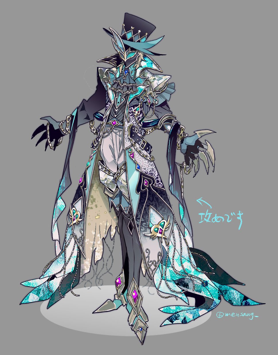 1boy, alternate_costume, aqua_coat, aqua_shirt, ascot, aventurine_(boss)_(honkai:_star_rail), aventurine_(honkai:_star_rail), belt, belt_buckle, black_ascot, black_belt, black_boots, black_coat, black_gloves, black_hat, black_shawl, black_vest, blonde_hair, boots, buckle, chain, chain_bracelet, claws, coat, collared_shirt, colored_lapels, covered_face, fold-over_boots, frills, full_body, gem, gloves, green_gemstone, grey_background, grey_pants, hair_between_eyes, hat, highres, honkai:_star_rail, honkai_(series), lace, lapels, long_sleeves, male_focus, mask, mensang, multicolored_coat, notched_lapels, open_clothes, open_coat, outstretched_arms, pants, purple_gemstone, shawl, shirt, short_hair, shoulder_pads, simple_background, sleeve_cuffs, solo, spade_(shape), spread_arms, standing, thigh_boots, top_hat, torn_clothes, torn_coat, twitter_username, two-sided_coat, two-sided_fabric, vest, white_coat