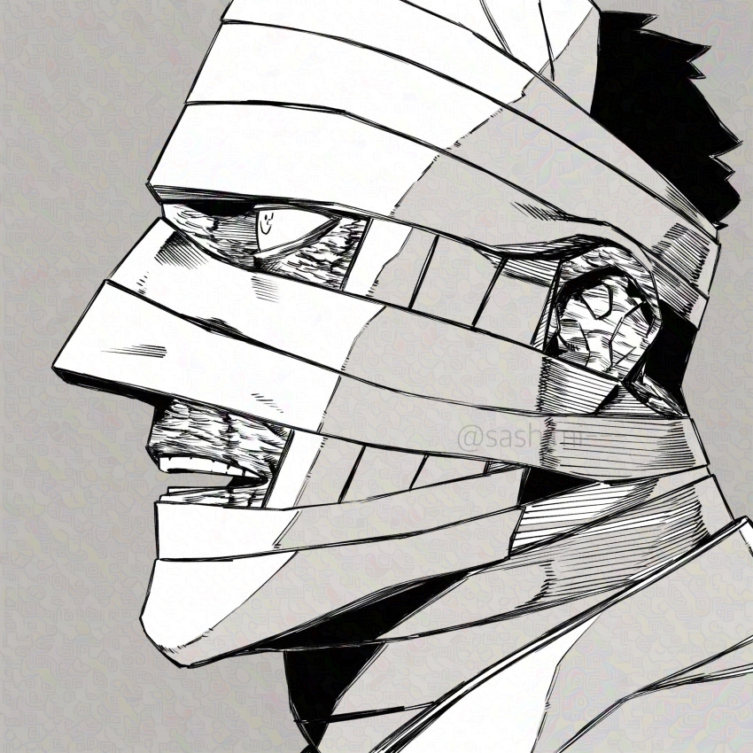 1boy, bandaged_head, bandages, boku_no_hero_academia, burn_scar, endeavor_(boku_no_hero_academia), facial_hair, greyscale
