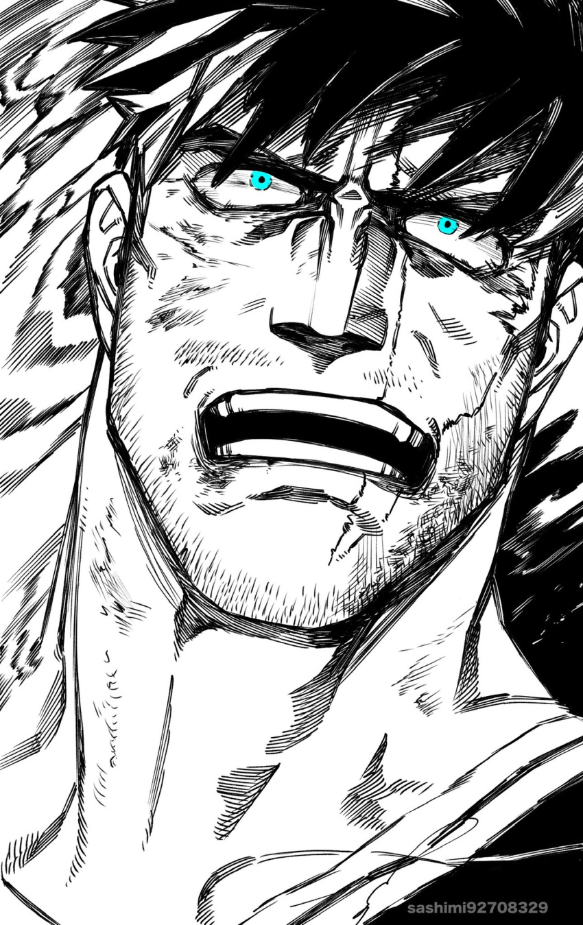 1boy, beard_stubble, blue_eyes, boku_no_hero_academia, bruise, constricted_pupils, endeavor_(boku_no_hero_academia), facial_hair, greyscale, hair_down, highres, injury, looking_up, male_focus, mature_male, monochrome, mustache_stubble, neck, portrait, sanpaku, sashimi_oran, scar, scar_across_eye, scar_on_face, short_hair, sideburns, sideburns_stubble, solo, spiky_hair, spot_color, stubble, tsurime