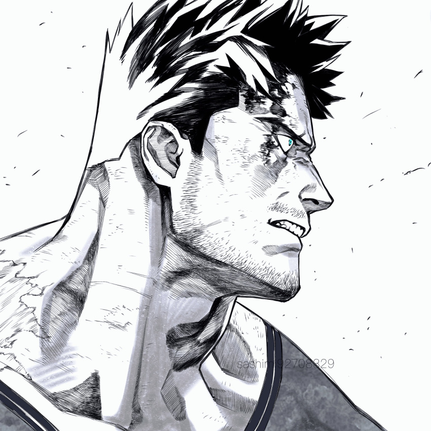 1boy, adam's_apple, angry, beard_stubble, blood_from_forehead, blue_eyes, bodysuit, boku_no_hero_academia, clenched_teeth, endeavor_(boku_no_hero_academia), facial_hair, greyscale, highres, looking_to_the_side, male_focus, mature_male, monochrome, muscular, muscular_male, mustache_stubble, neck, profile, sanpaku, sashimi_oran, serious, short_hair, sideburns, sideburns_stubble, solo, spiky_hair, spot_color, stubble, teeth, thick_neck, tsurime