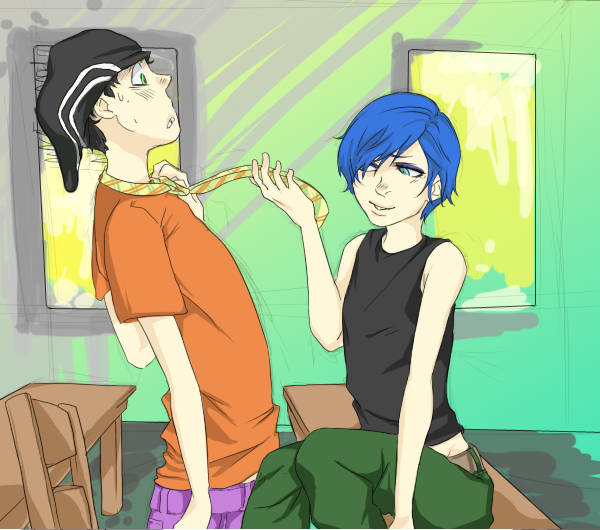 1boy, 1girl, beanie, black_hair, black_tank_top, blue_hair, bowtie, cartoon_network
