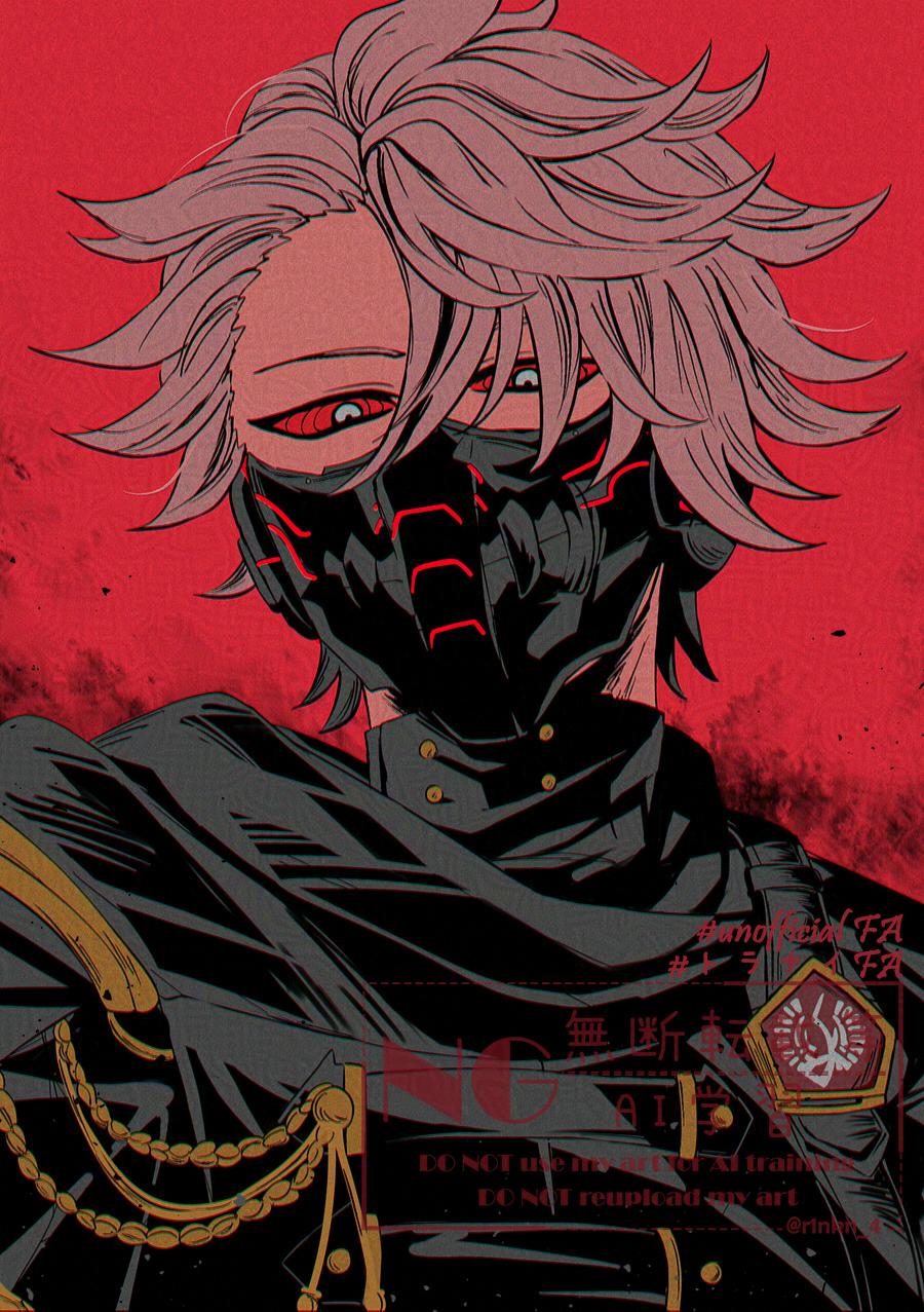 1boy, colored_sclera, commentary_request, covered_mouth, grey_hair, hair_between_eyes, hashtag, highres