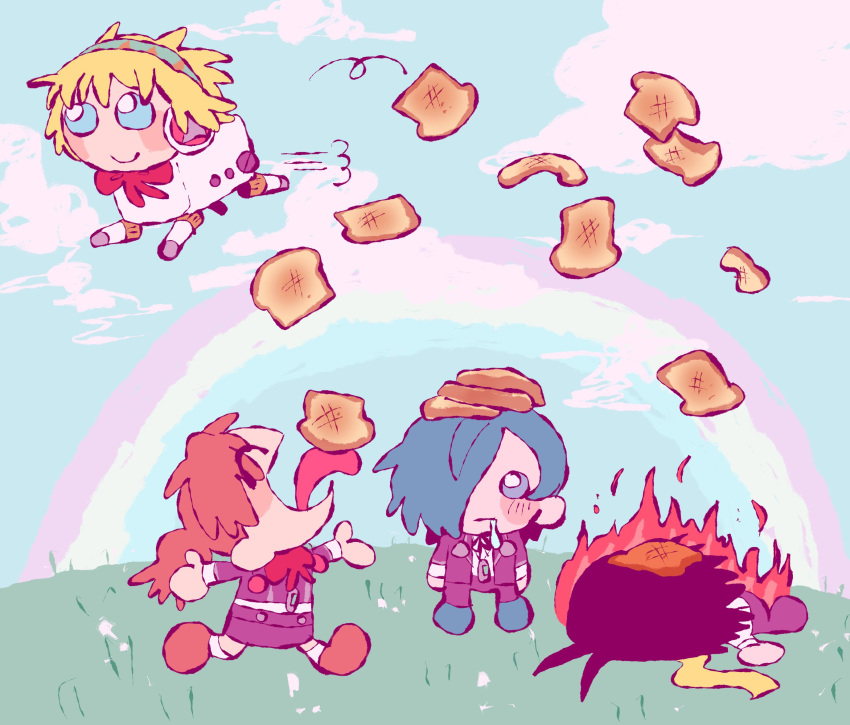 2boys, 2girls, :|, aigis_(persona), black_hair, black_pants, black_skirt, black_trim