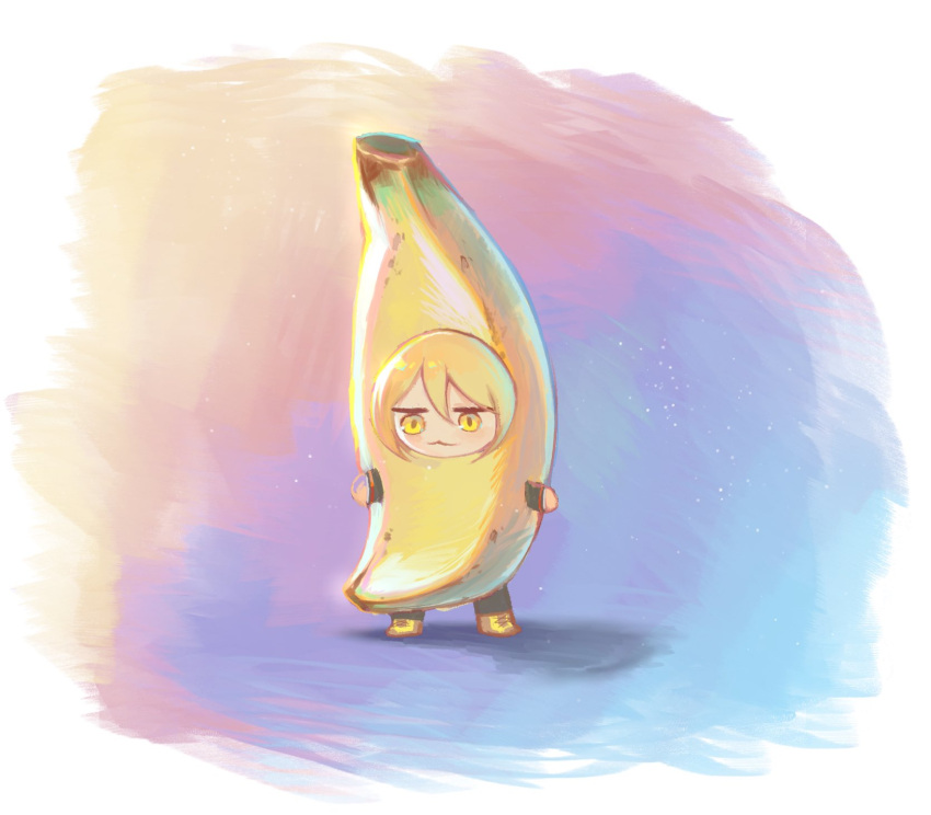 1girl, :3, banana, banana_costume, black_jacket, black_pants, blonde_hair, chibi
