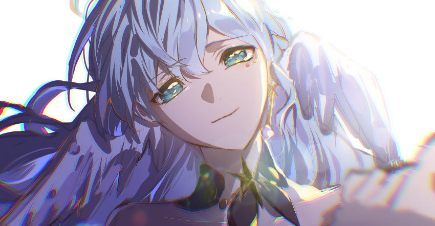 1girl, aqua_eyes, bare_shoulders, blue_hair, choker, closed_mouth, earrings, hair_between_eyes