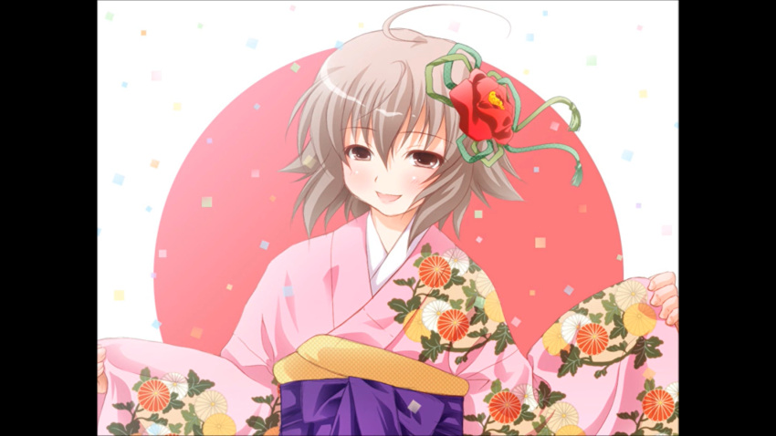 1girl, ahoge, blush, confetti, flower_on_head, hitofuta, inreki_misuzu, kimono, nero_(artist), obiage, obijime, open_mouth, pink_hair, short_hair, smile