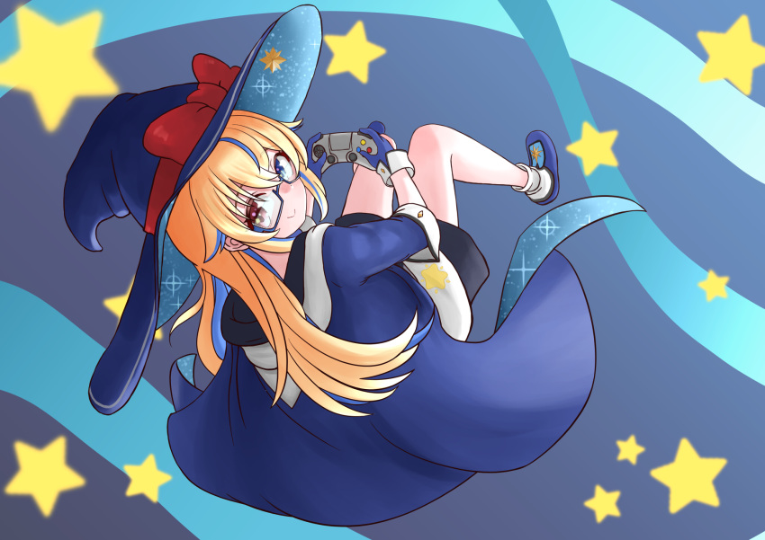1girl, black_shorts, blonde_hair, blue-framed_eyewear, blue_cape, blue_eyes, blue_hair, blue_hat, blue_shoes, cape, closed_mouth, commission, controller, game_controller, glasses, hat, heterochromia, highres, holding, holding_controller, holding_game_controller, indie_virtual_youtuber, looking_at_viewer, multicolored_hair, red_eyes, shirt, shoes, shorts, skeb_commission, smile, solo, star_(symbol), streaked_hair, virtual_youtuber, white_shirt, witch_hat, wiztella_etance, zakki_anzu