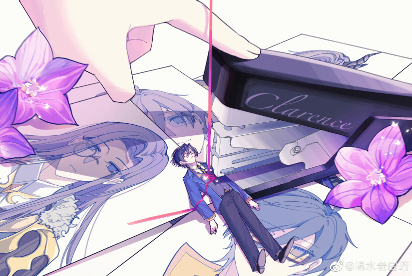 1boy, absurdres, bellflower, black_necktie, black_pants, black_shoes, blazer, blue_hair