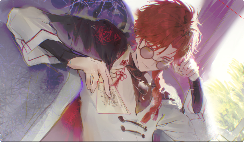 1boy, black_jacket, black_shirt, braid, chinese_clothes, chinese_commentary, closed_mouth, couch, curtains, hand_on_own_head, highres, holding, holding_paper, jacket, jacket_on_shoulders, jewelry, long_hair, long_sleeves, looking_at_viewer, male_focus, necklace, on_couch, paper, red_eyes, red_hair, round_eyewear, shiguang_dailiren, shirt, short_hair, single_braid, sitting, sleeves_past_wrists, smile, solo, sunglasses, tassel, tinted_eyewear, upper_body, white_shirt, window, xiao_weiying, yinan385