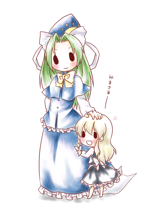 blonde_hair, blue_dress, blush, braid, child, dress, green_hair, hand_on_head