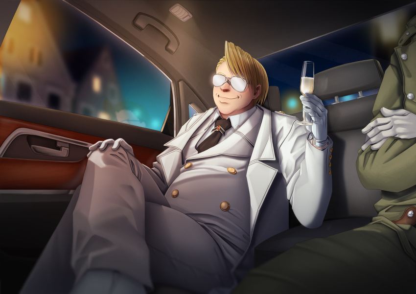 2boys, blonde_hair, captain_(hellsing), car, car_crash, car_interior, coat, cup