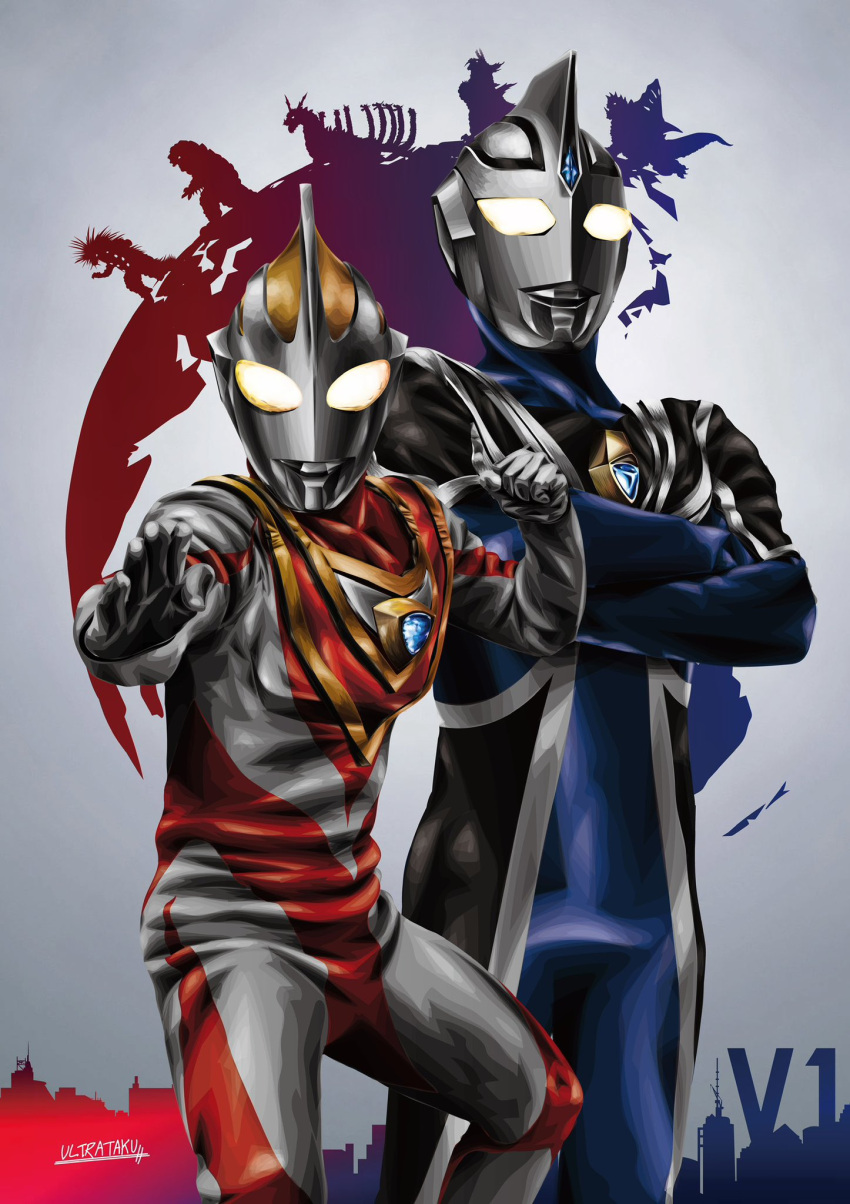 2boys, alien, armor, artist_name, black_skin, blue_gemstone, blue_skin, breastplate