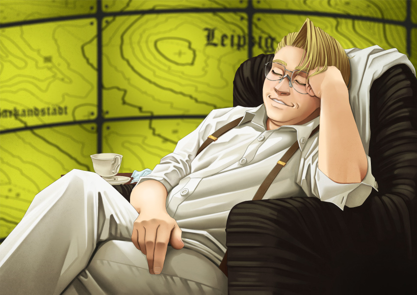 1boy, absurdres, chair, coat, cup, germany, glasses, gloves