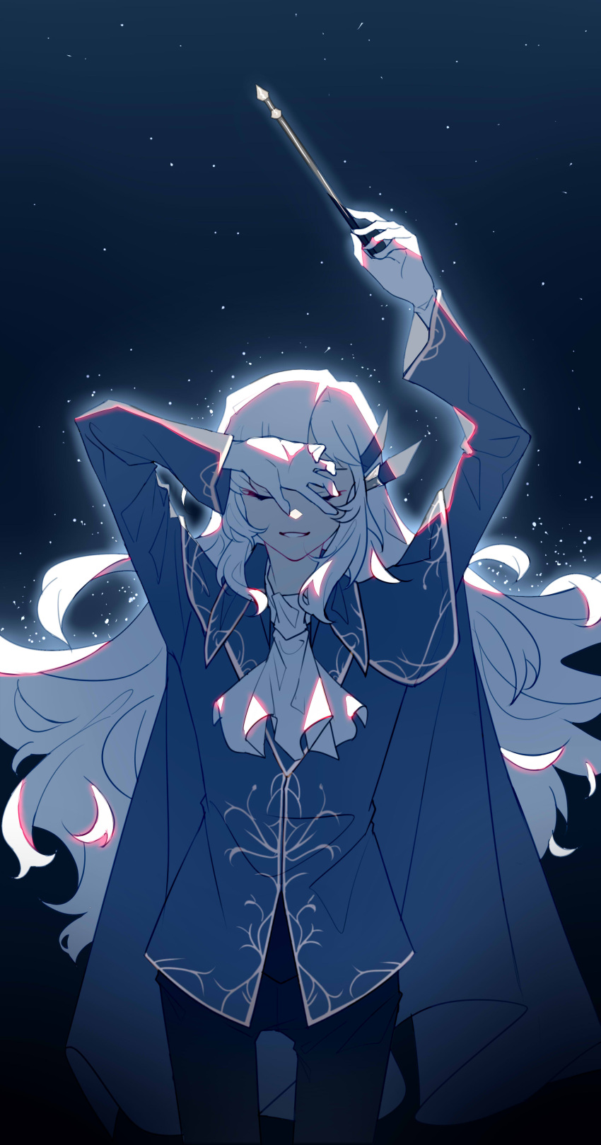1boy, absurdres, androgynous, argalia_(project_moon), arm_above_head, arms_up, ascot, backlighting, black_pants, blue_background, blue_cape, blue_jacket, cape, closed_eyes, conductor_baton, ear_ornament, english_commentary, flat_color, floating_hair, glint, gloves, glowing, gold_trim, hand_over_face, highres, jacket, lawrece, library_of_ruina, light_particles, light_smile, long_hair, long_sleeves, making-of, male_focus, ouji_fashion, pants, project_moon, sidelocks, simple_background, skinny, smile, solo, thigh_gap, variant_set, very_long_hair, white_ascot, white_hair, wingtip_collar