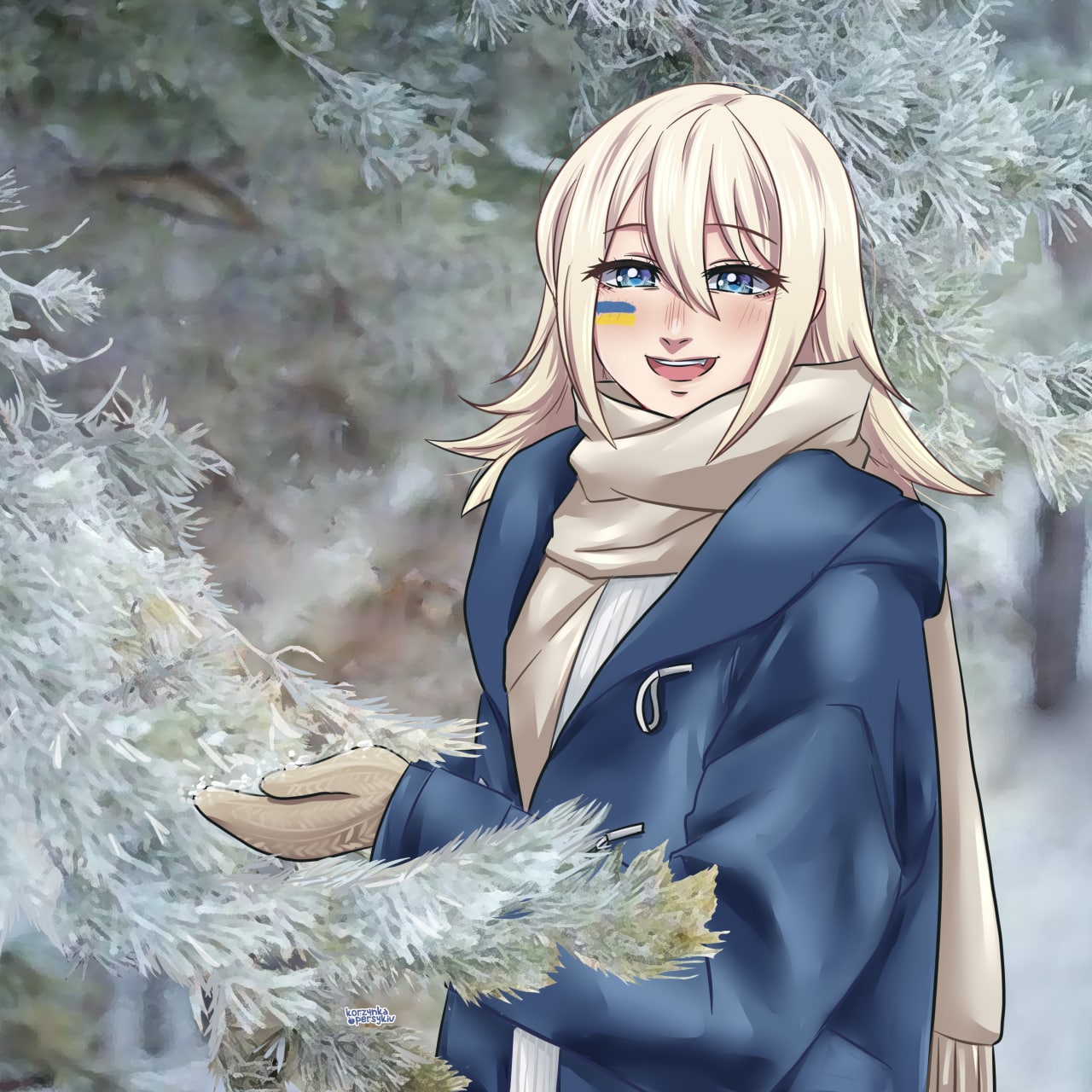 1girl, blonde_hair, blue_eyes, blue_jacket, blush, facepaint, fang, henna_(hentaiukr), hentaiukr, highres, holding, holding_leaf, jacket, korzynka_persykiv, layered_clothes, leaf, light_smile, looking_at_viewer, open_mouth, original, outdoors, scarf, signature, solo, sweater, ukrainian_flag, watermark, white_scarf, white_sweater, winter, winter_clothes, winter_gloves