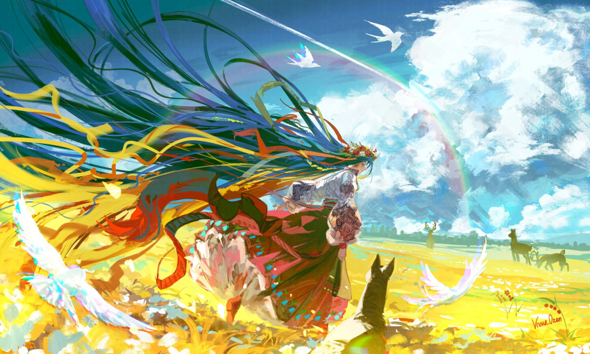 1girl, animal, bird, blue_sky, closed_eyes, closed_mouth, clouds, cloudy_sky