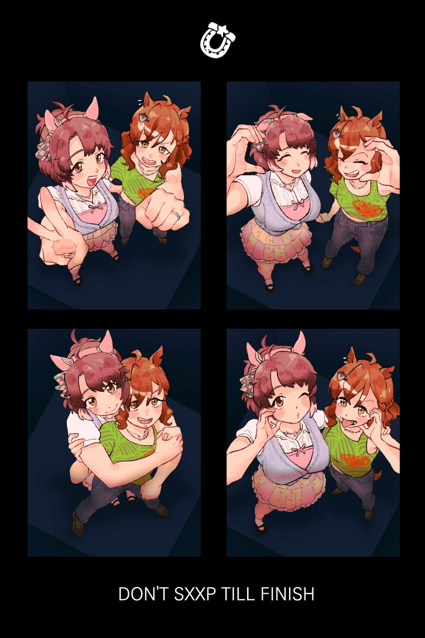 2girls, :d, ^_^, ahoge, alternate_costume, animal_ears, arm_around_chest, asymmetrical_sleeves