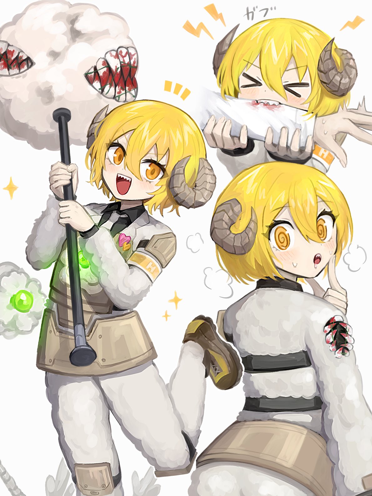 >_<, 3girls, :d, @_@, armor, biting_another's_arm, black_shirt, blonde_hair