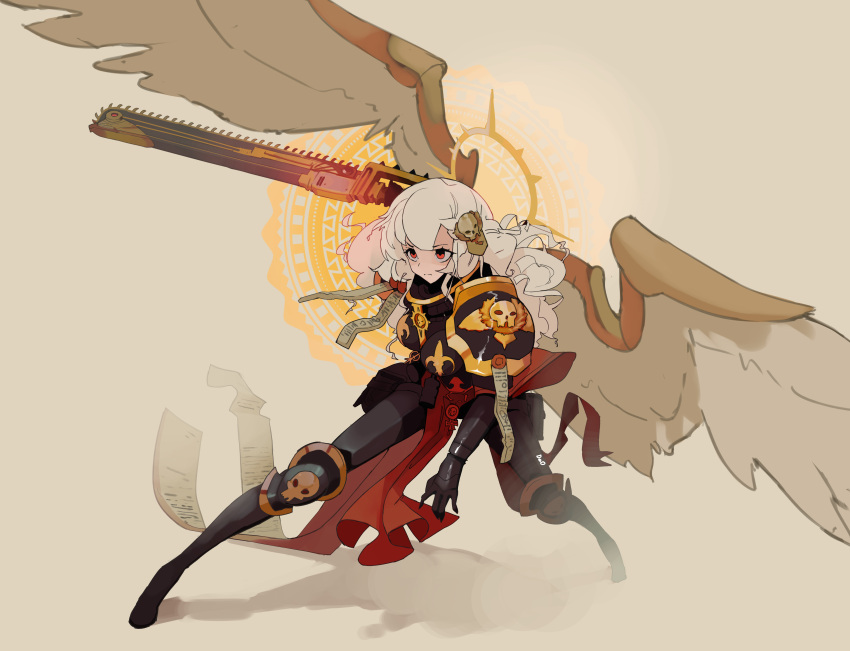 1girl, absurdres, adepta_sororitas, alpha_(alpha_1918), arm_up, armor, black_bodysuit, bodysuit, boots, breasts, cape, chainsword, deo_artist, fantasy, feathered_wings, fighting_stance, fleur-de-lis, halo, highres, holding, holding_sword, holding_weapon, large_breasts, long_hair, looking_to_the_side, non-web_source, original, over_shoulder, pauldrons, pelvic_curtain, power_armor, purity_seal, red_cape, red_eyes, shadow, shoulder_armor, simple_background, skull, skull_ornament, solo, spiked_halo, sword, toon_(style), warhammer_40k, wavy_hair, weapon, weapon_over_shoulder, white_hair, wings