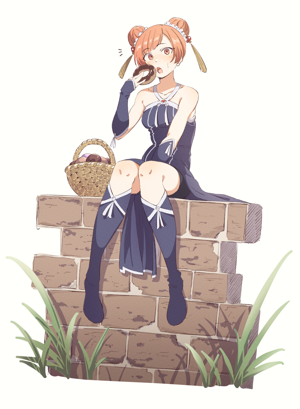 1girl, basket, boots, brick_wall, chocolate_donut, double_bun, doughnut, eating