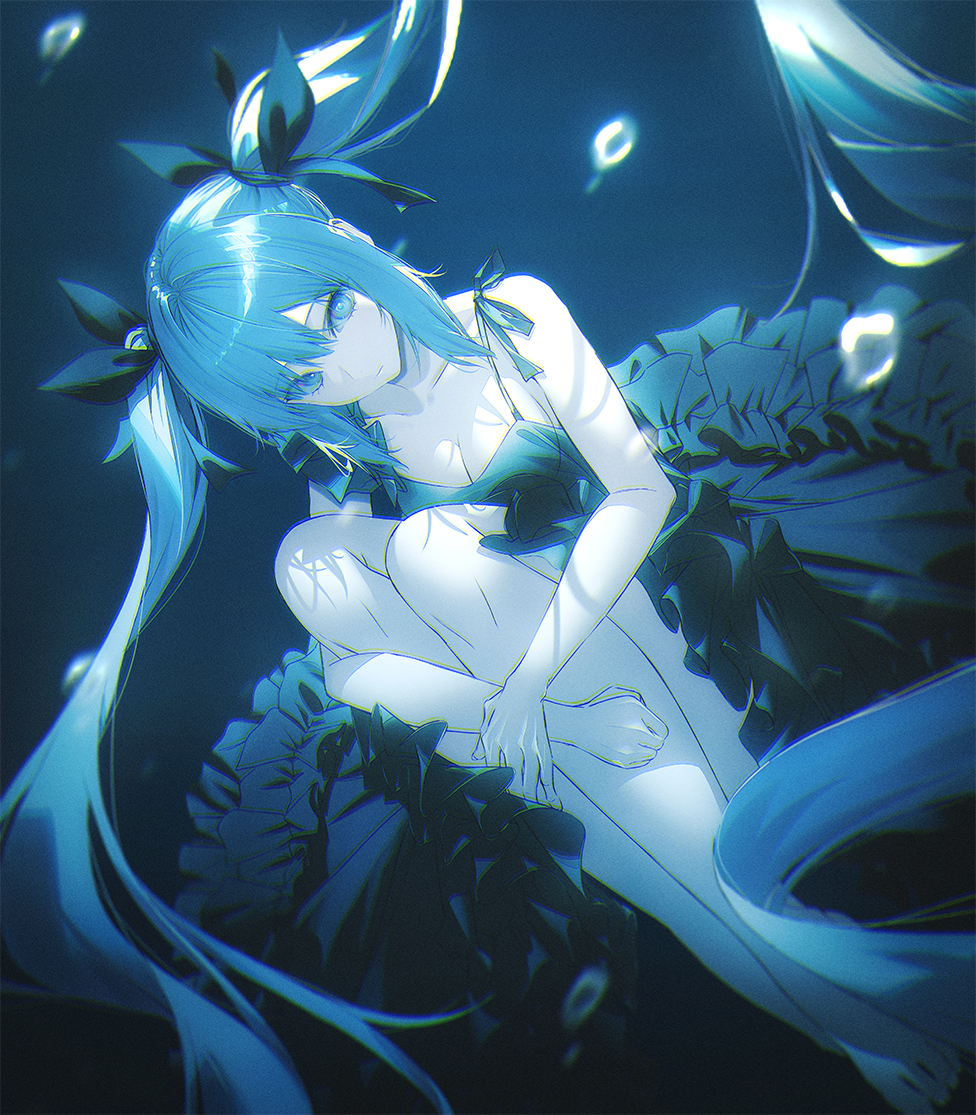 1girl, aqua_eyes, bare_shoulders, deep_sea, fov_ps, hatsune_miku, looking_at_viewer, solo