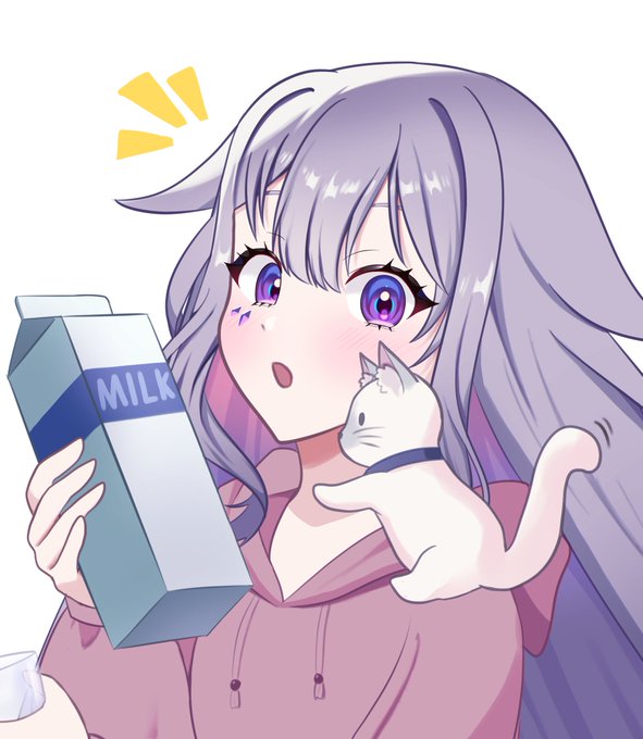 cat, elis_soratabi, glass, hololive, hololive_english, hood, hoodie, koseki_bijou, long_hair, milk, open_mouth, pink_hoodie, purple_hair, violet_eyes