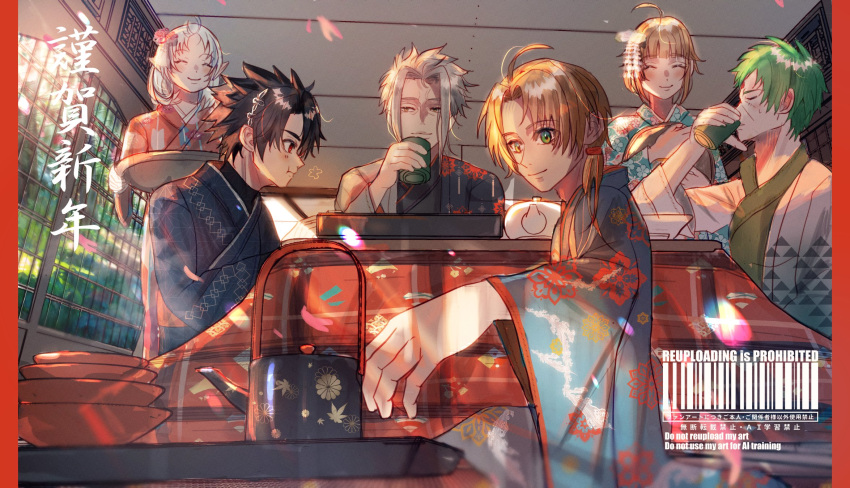 2girls, 4boys, ahoge, aleksander_ryback, black_hair, blonde_hair, blush, cup