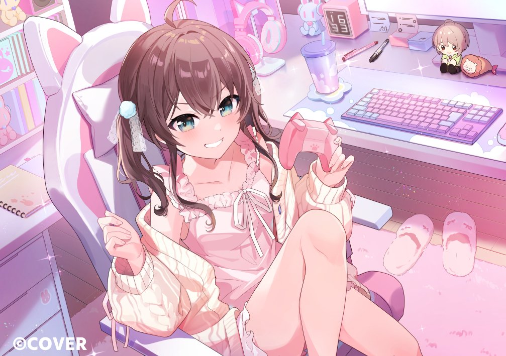 :d, ahoge, aqua_eyes, brown_hair, camisole, cardigan, chair, commentary_request
