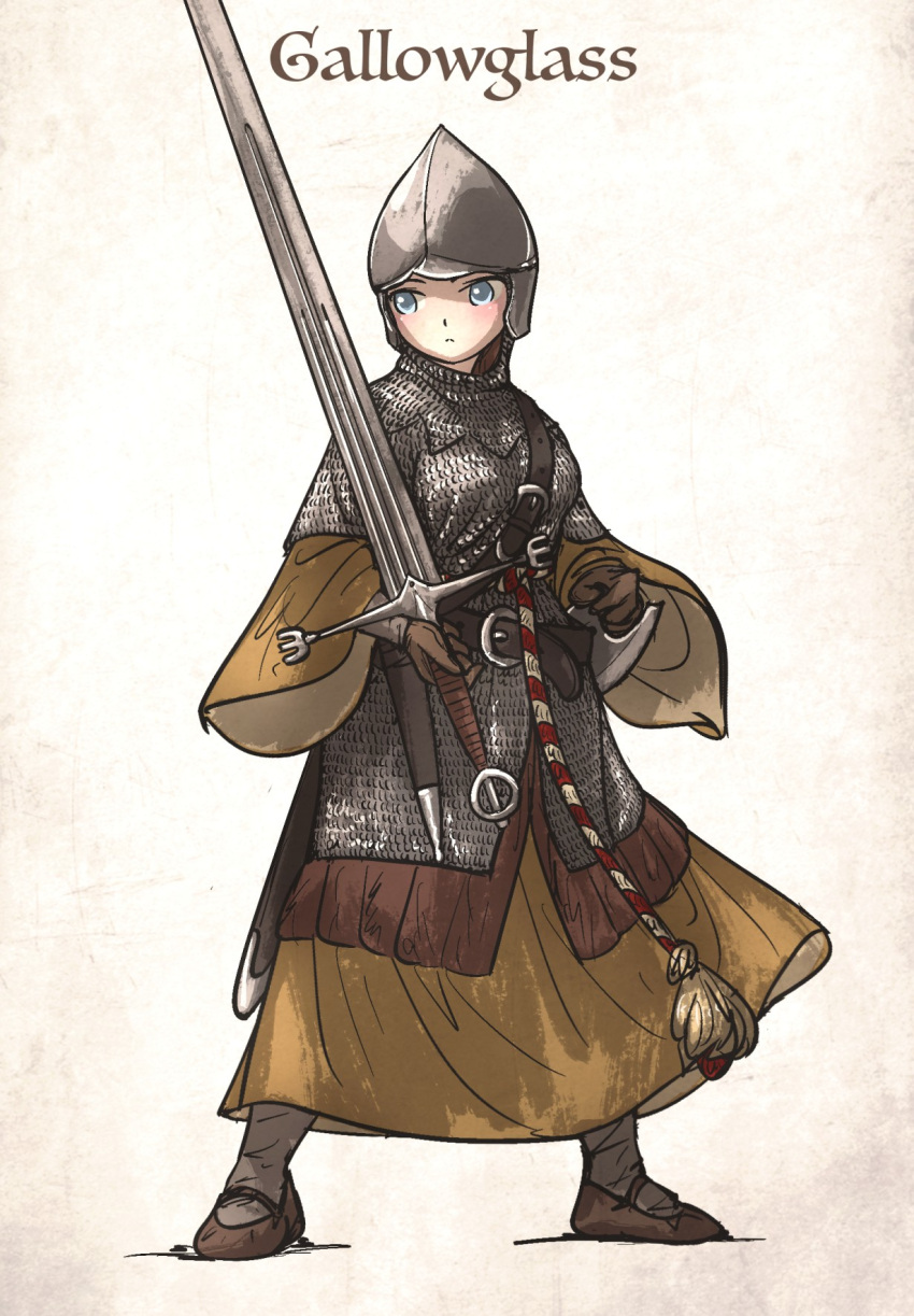 1girl, armor, aventail, bascinet, blue_eyes, blush, brown_dress, brown_shoes