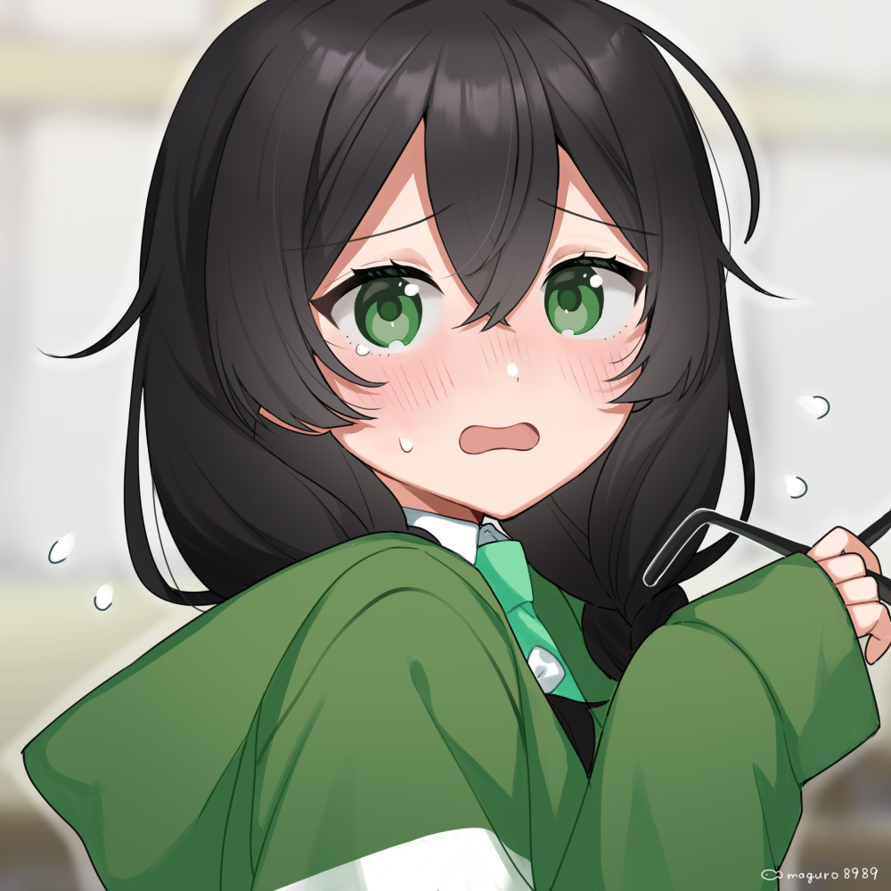 1girl, binchou_maguro, black_hair, blush, braid, cevio, commentary_request, double-parted_bangs