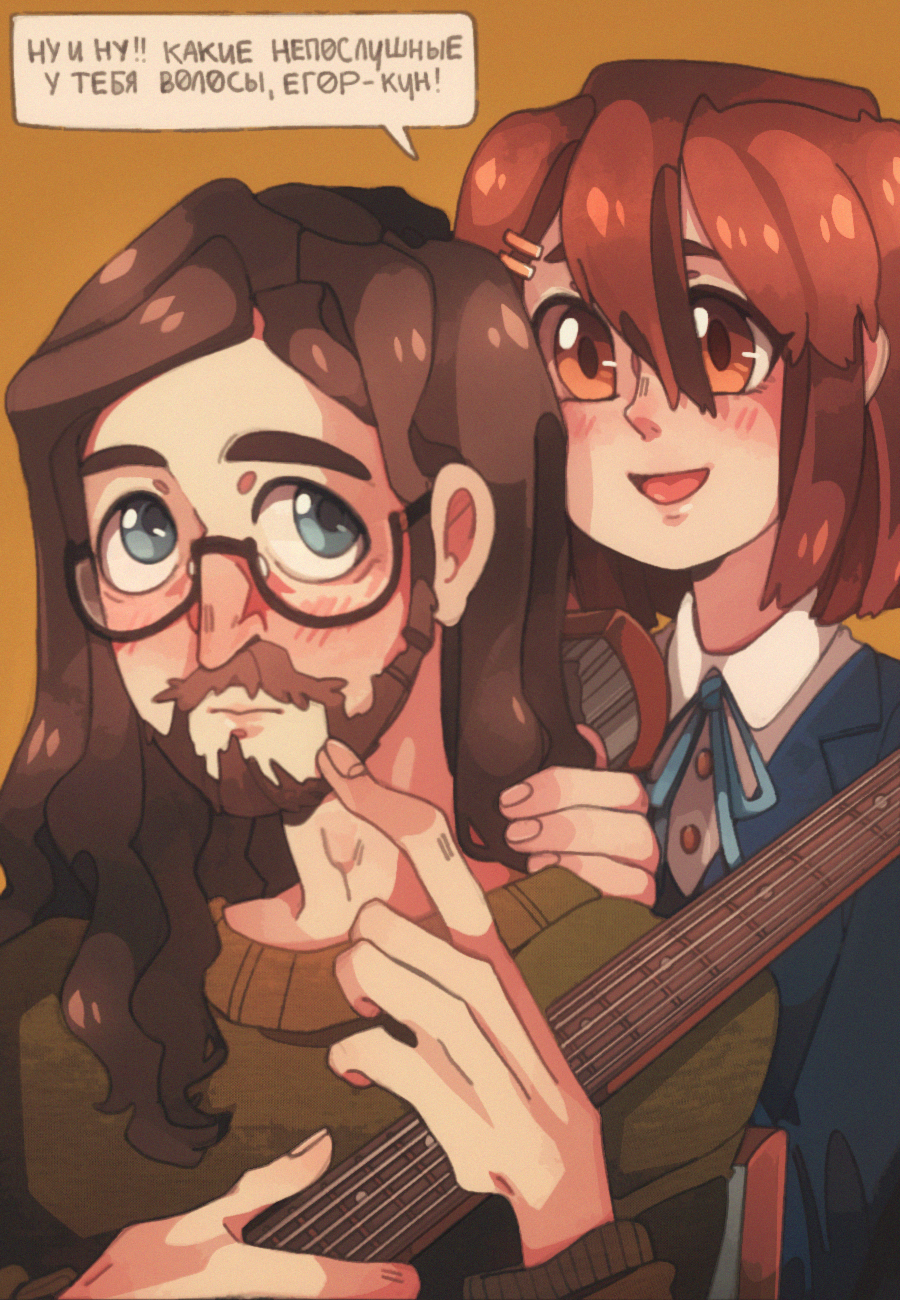 1boy, 1girl, beard, blue_eyes, blue_ribbon, blush, bow, brown_eyes
