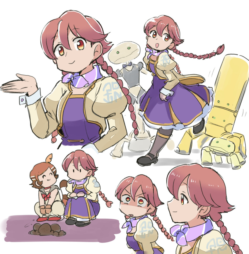 apocalypse_hotel, ascot, braid, brown_eyes, dress, flycatcher_robot, highres, jacket, low_twin_braids, multicolored_scarf, multiple_views, pink_hair, purple_ascot, purple_scarf, robot, scarf, sleeve_cuffs, striped_clothes, striped_scarf, surprised, tsubobot, twin_braids, twintails, yachiyo_(apocalypse_hotel), yellow_jacket