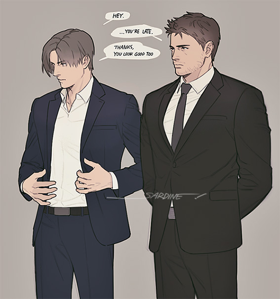 2boys, arms_behind_back, artist_name, beard_stubble, belt, belt_buckle, black_belt, black_jacket